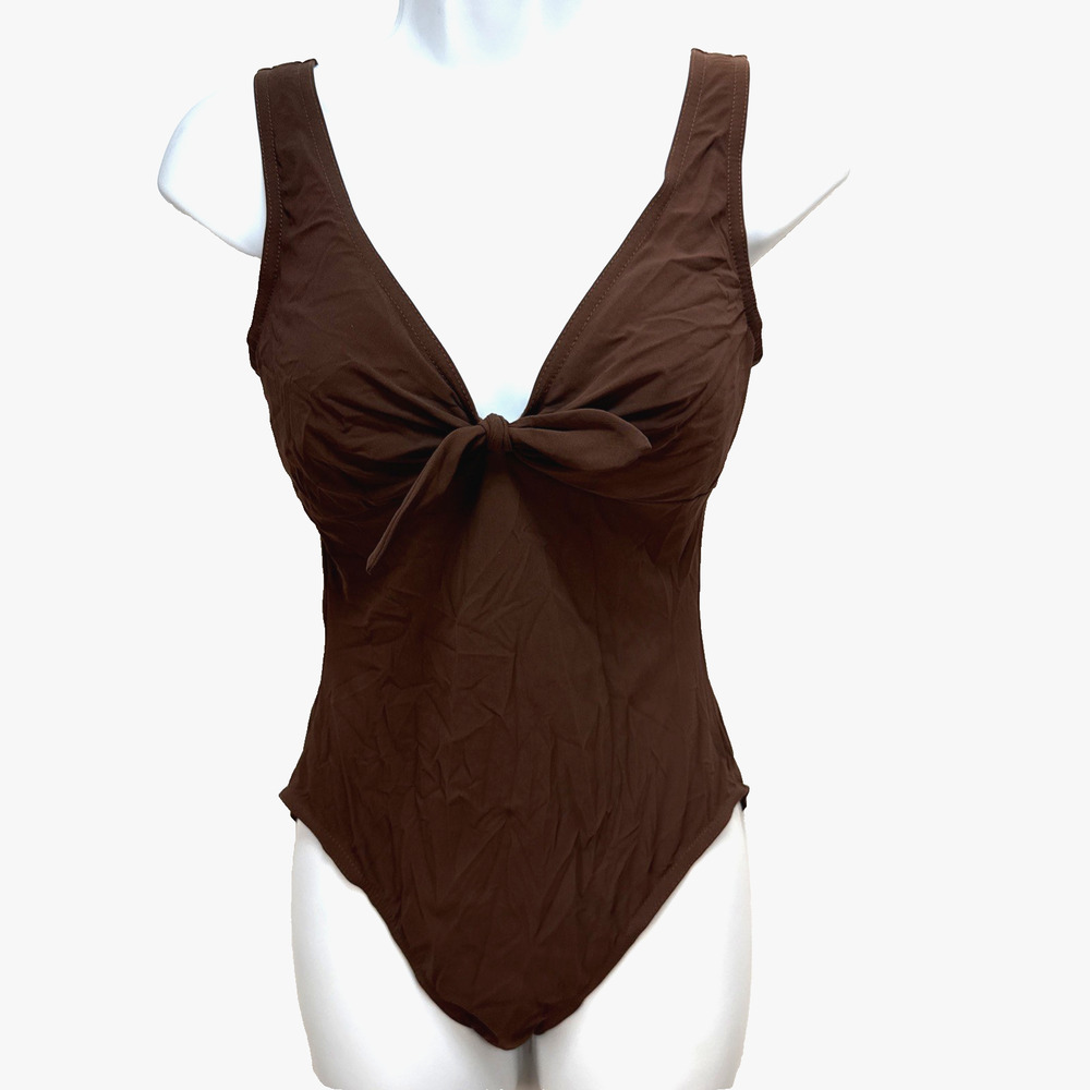 Karla Colletto Bow Detail Tank Swimsuit Size 10 Chocolate Brown Underwire